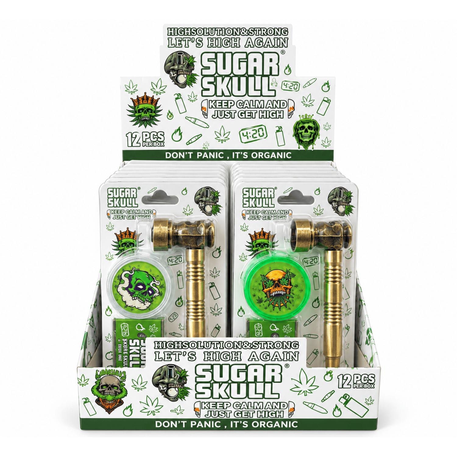 Smoking Pipe Kit - Metal Smoking Pipe + Plastic Grinder + Smoking Screen Various Designs 12er display box