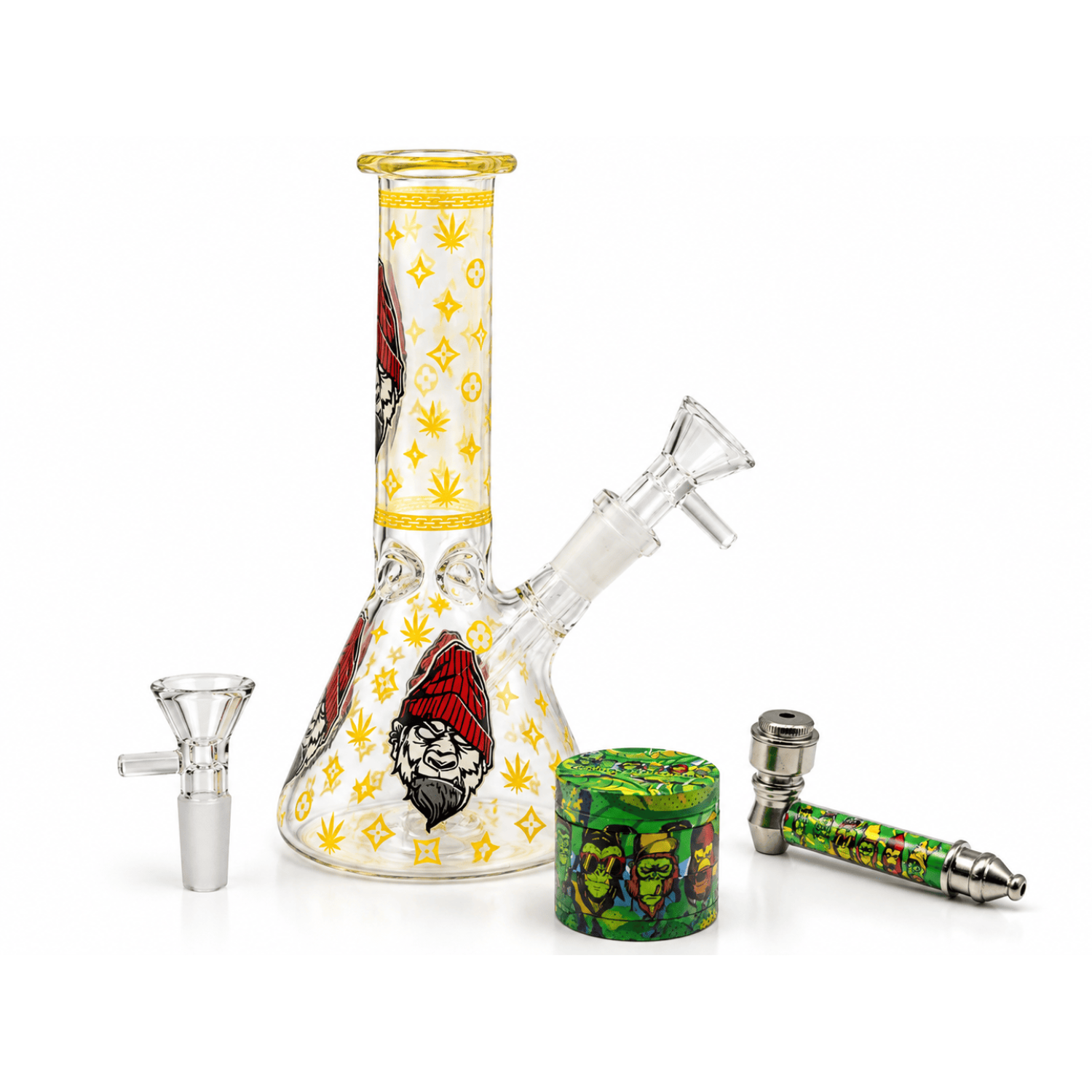 Glass Bong Kit  Stoner  Katze 20cm. mit Grinder und Metal Pfeife und Magnet Scrbber 