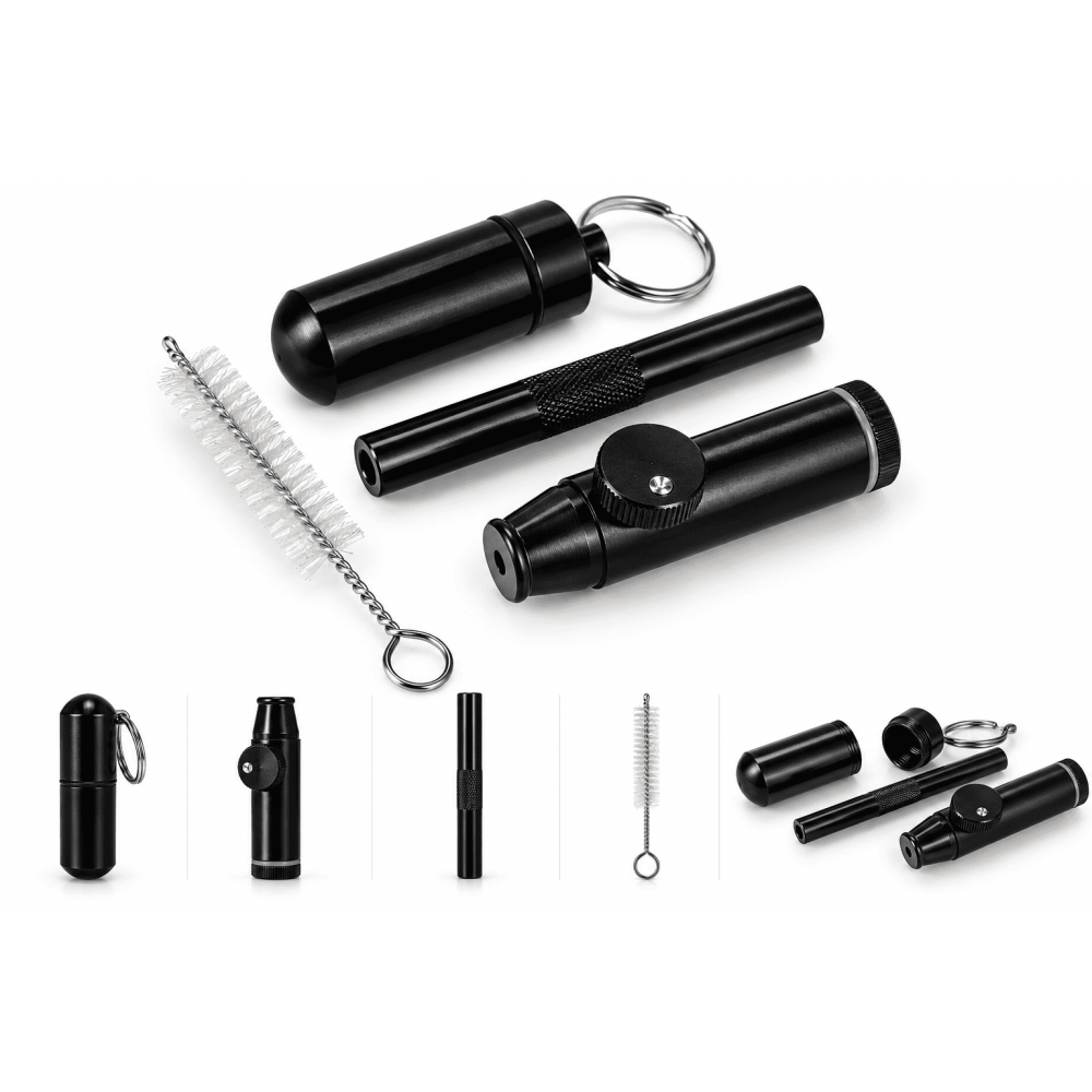 Alu Snuff Kit (Dosierer, Vorratsflasche , Bürste & Ziehrohr ) Schwarz