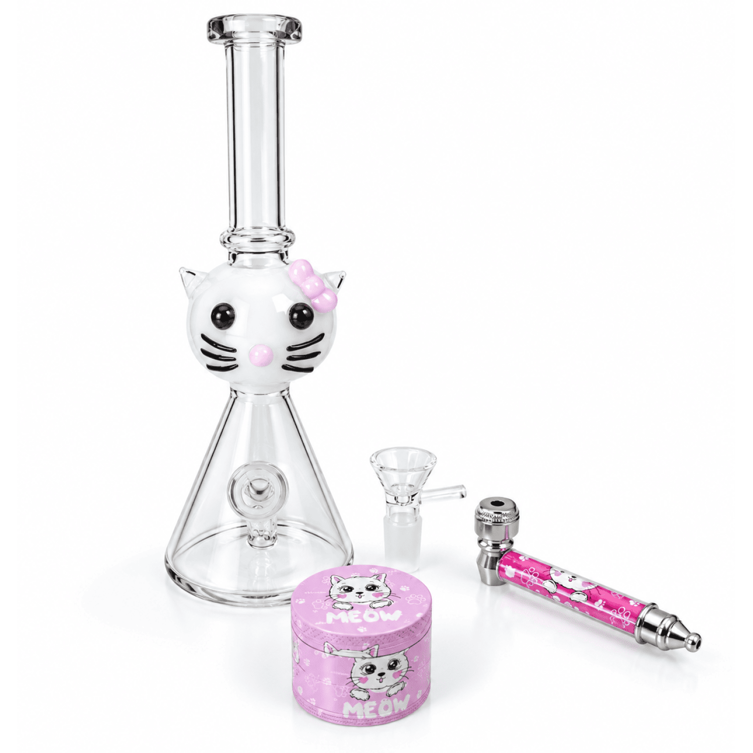 Glass Bong Kit  Stoner  Katze 23cm. mit Grinder und Metal Pfeife
