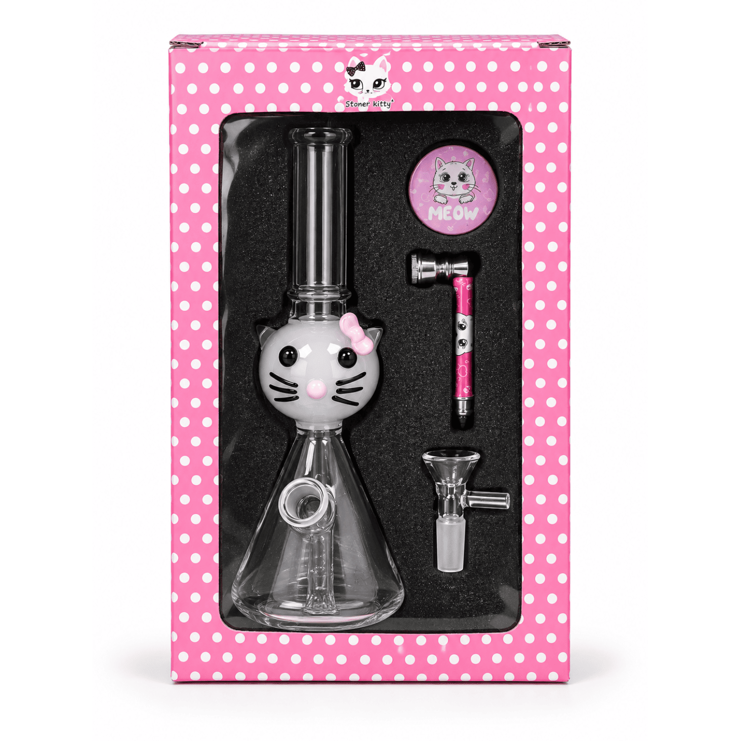 Glass Bong Kit  Stoner  Katze 23cm. mit Grinder und Metal Pfeife