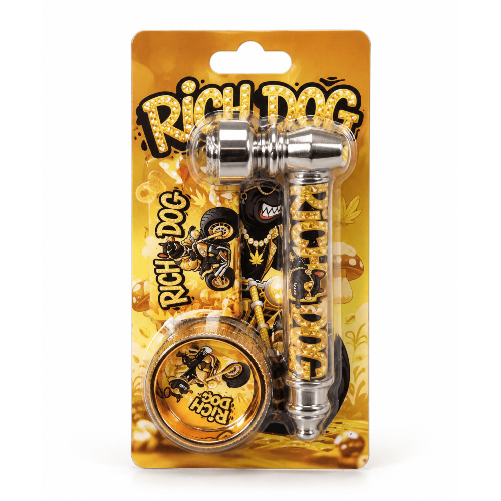 Smoking Metal Pipe Kit mit plastic grinder 30mm, pipe 85mm, Rich-Dog