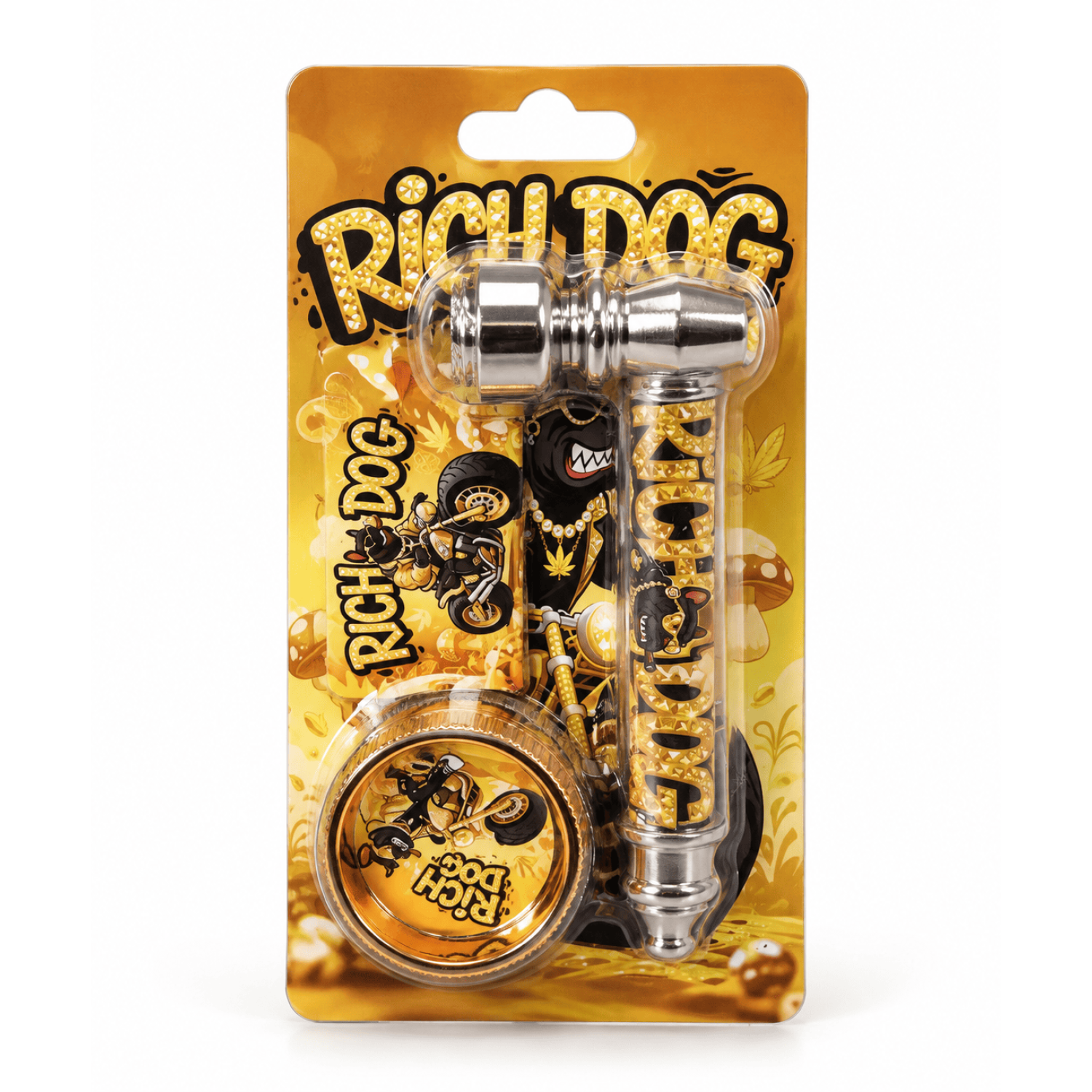 Smoking Metal Pipe Kit mit plastic grinder 30mm, pipe 85mm, Rich-Dog