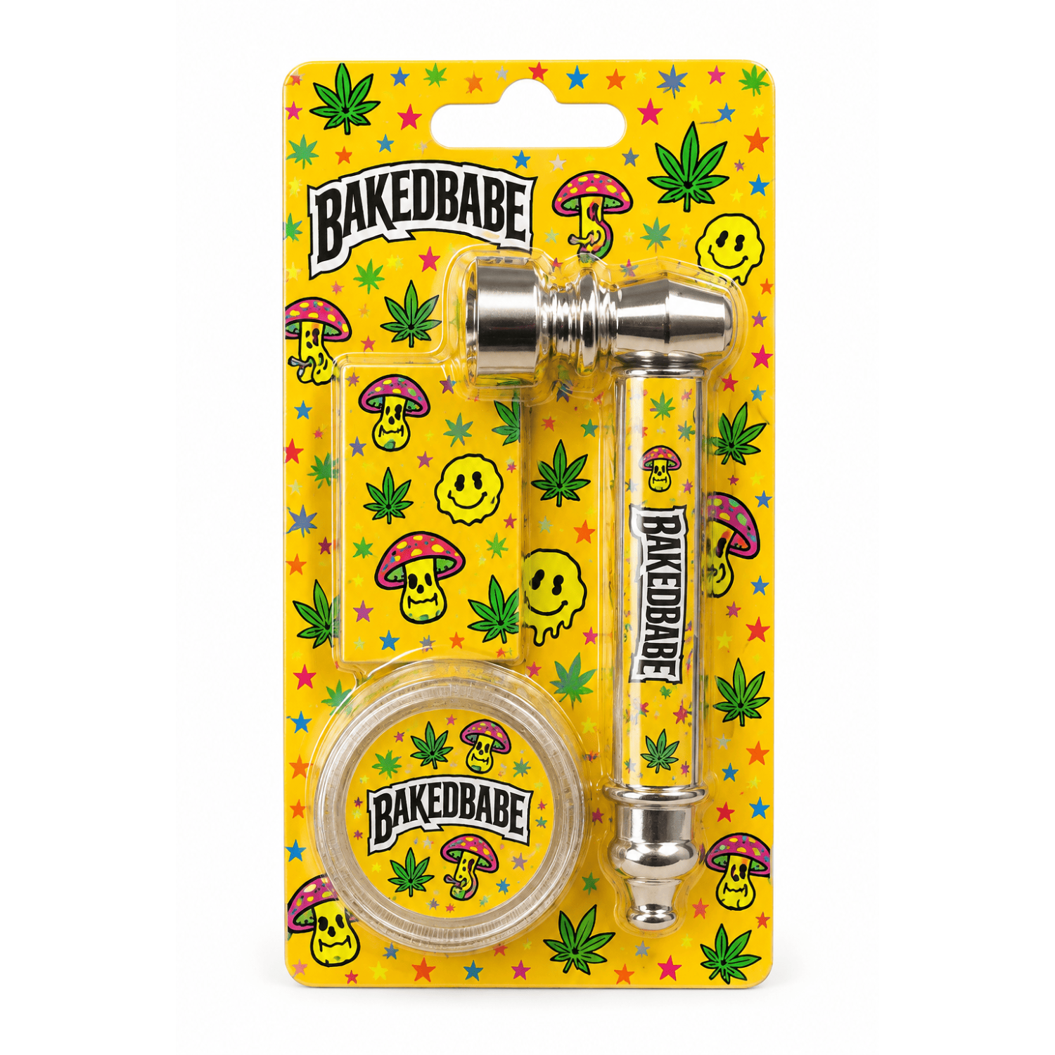 Smoking Metal Pipe Kit mit plastic grinder 30mm, Pipe 85mm,Und Siebe Bakedbabe