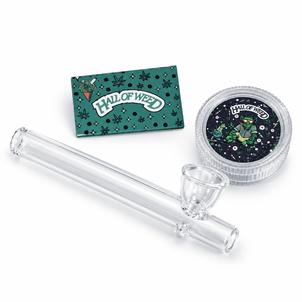 Set " Hall of Weed  " Glas Kawum , Mini Plastik Grinder 30mm & 5er Päckchen Siebe  Auf Blister 24er display pack