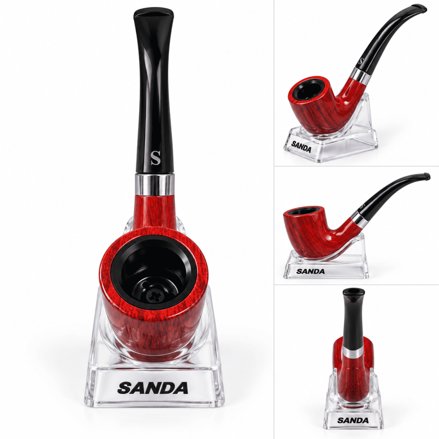 Tabak Pfeife " SANDA " 2teiler mit Ständer Stoff Beutel  in Box