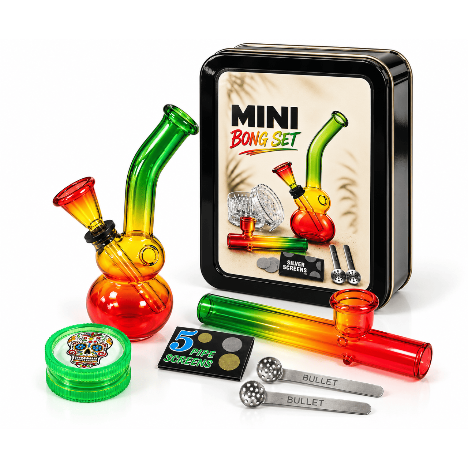 Mini Bong Set ,(Bong Farbig  14cm.+Kawum+Grinder+Siebe) in Metal Box