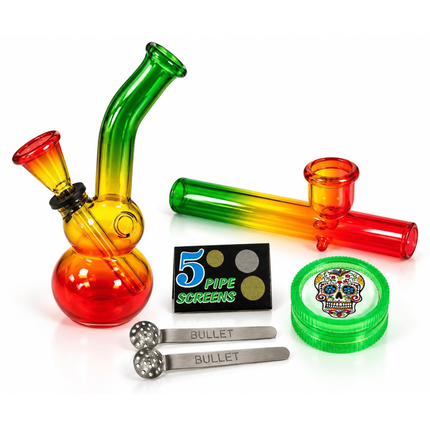 Mini Bong Set ,(Bong Farbig  14cm.+Kawum+Grinder+Siebe) in Metal Box