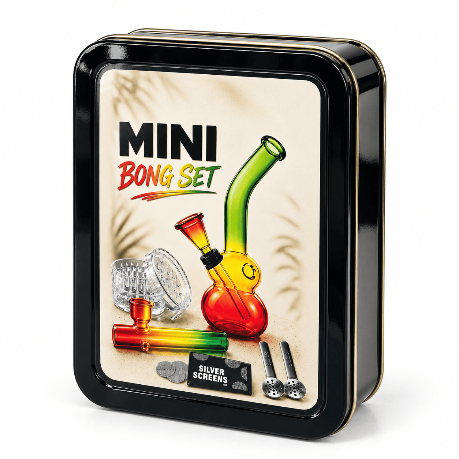 Mini Bong Set ,(Bong Farbig  14cm.+Kawum+Grinder+Siebe) in Metal Box