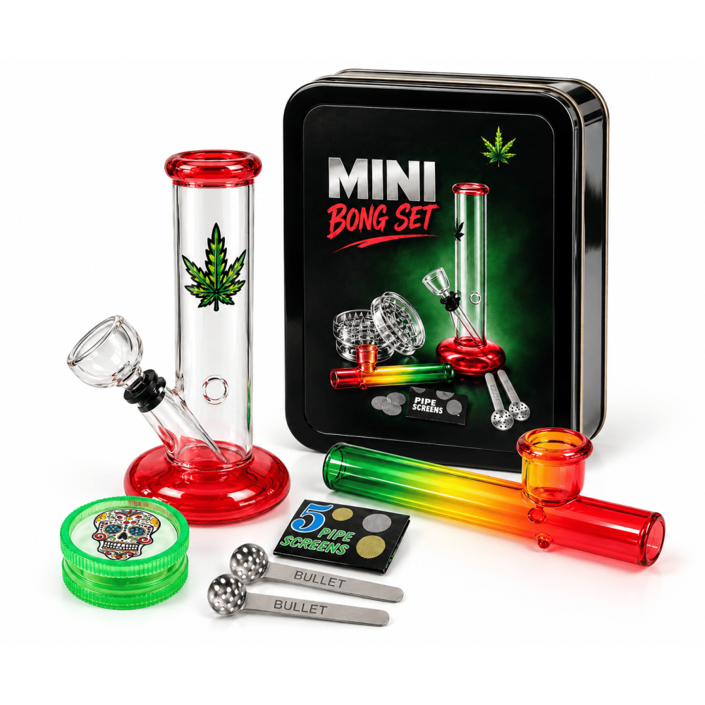 Mini Bong Set ,(Bong Farbig  14cm.+Kawum+Grinder+Siebe) in Metal Box