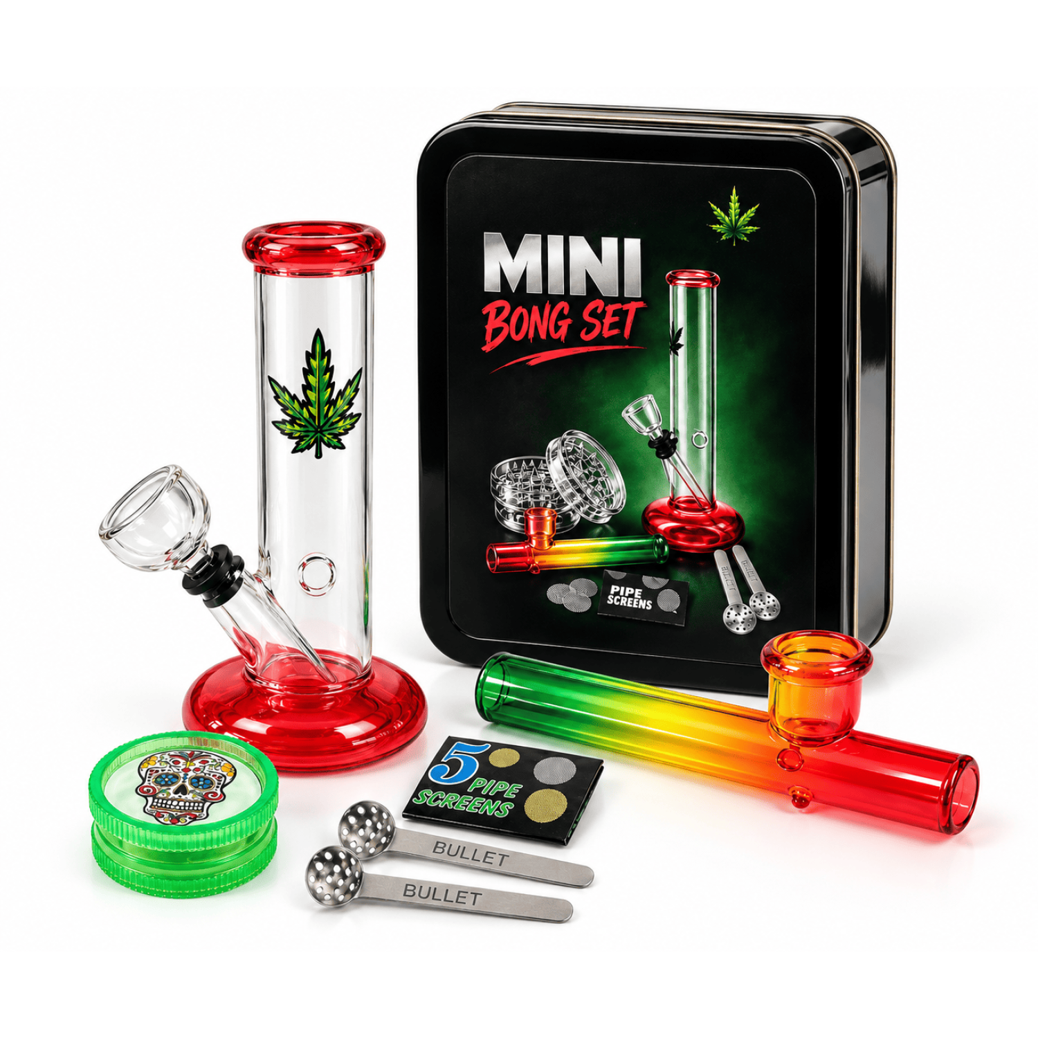 Mini Bong Set ,(Bong Farbig  14cm.+Kawum+Grinder+Siebe) in Metal Box