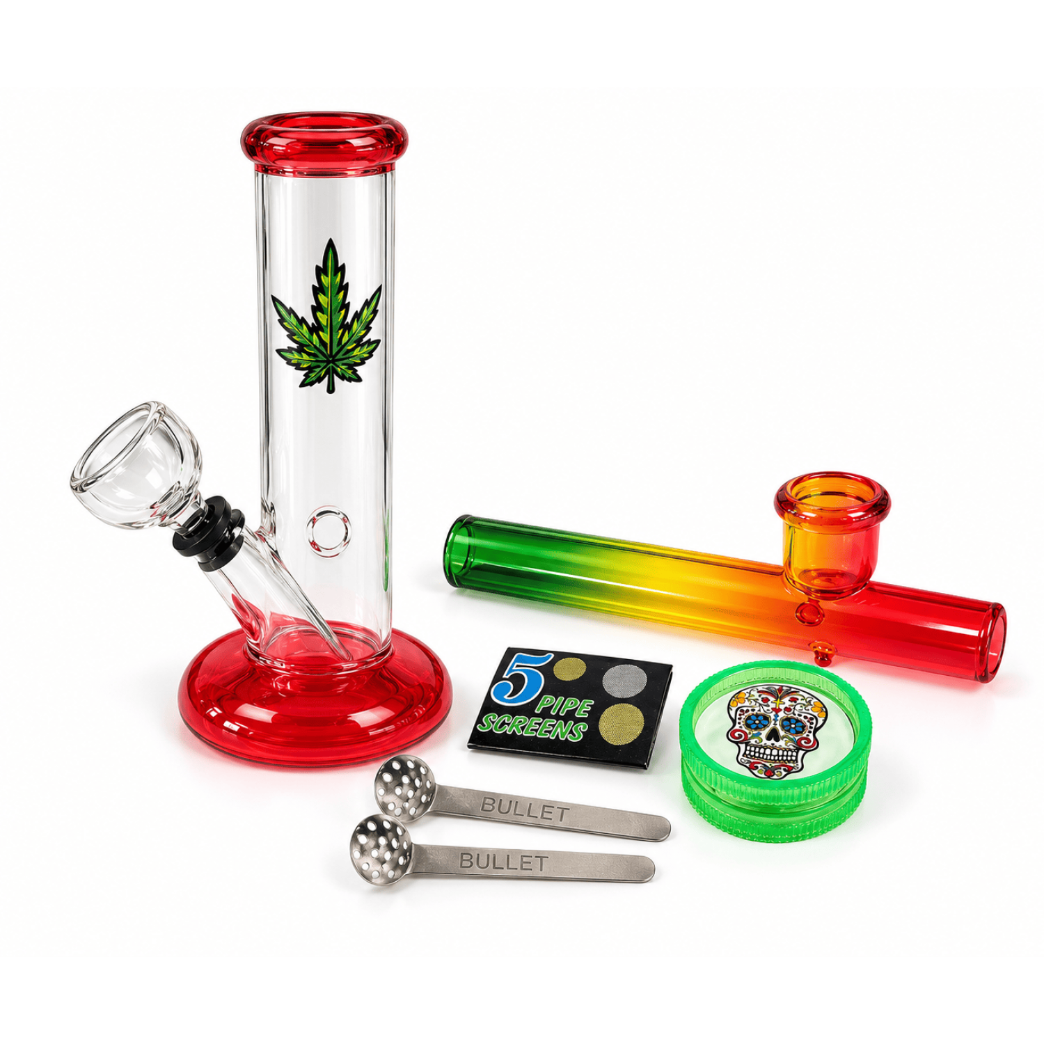 Mini Bong Set ,(Bong Farbig  14cm.+Kawum+Grinder+Siebe) in Metal Box