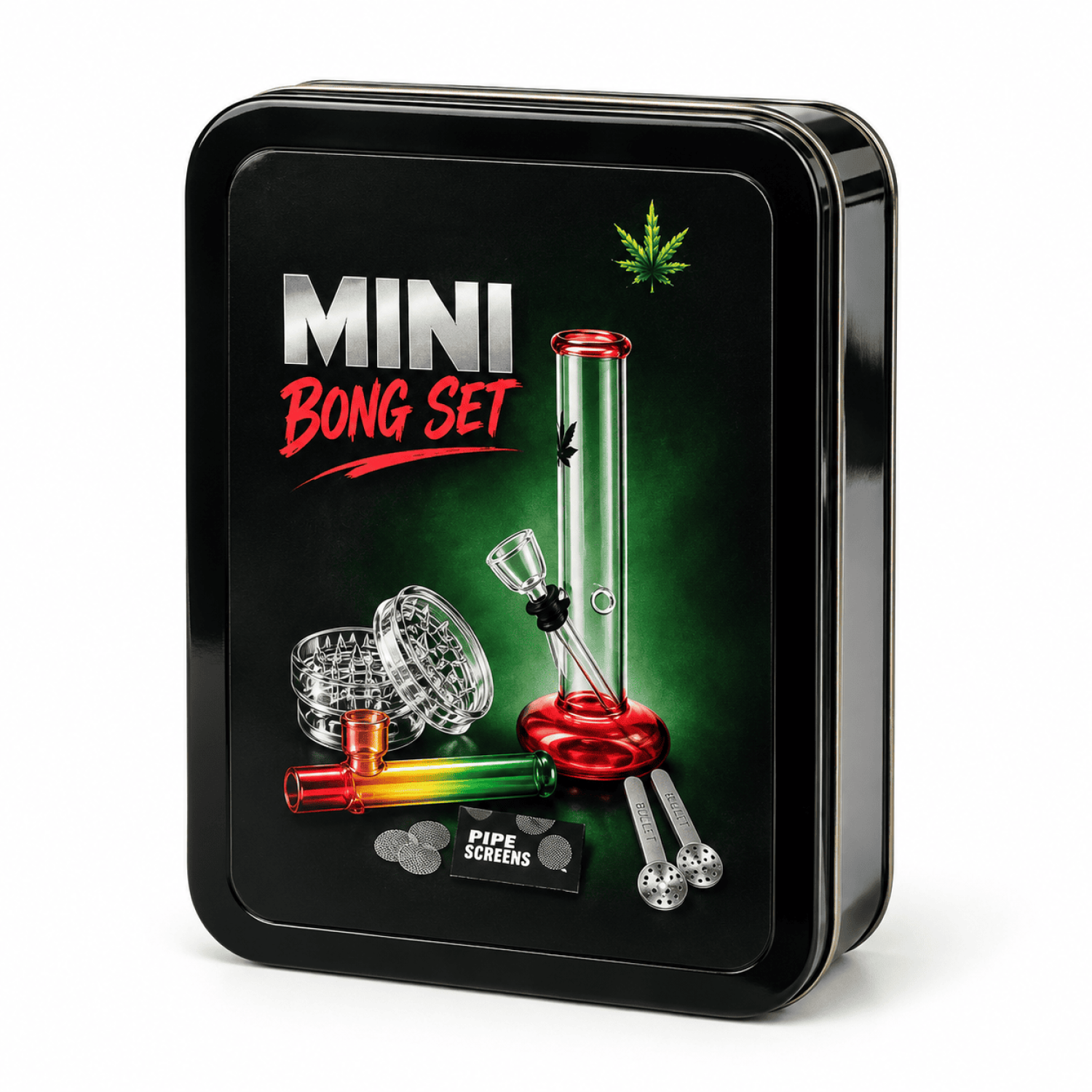 Mini Bong Set ,(Bong Farbig  14cm.+Kawum+Grinder+Siebe) in Metal Box
