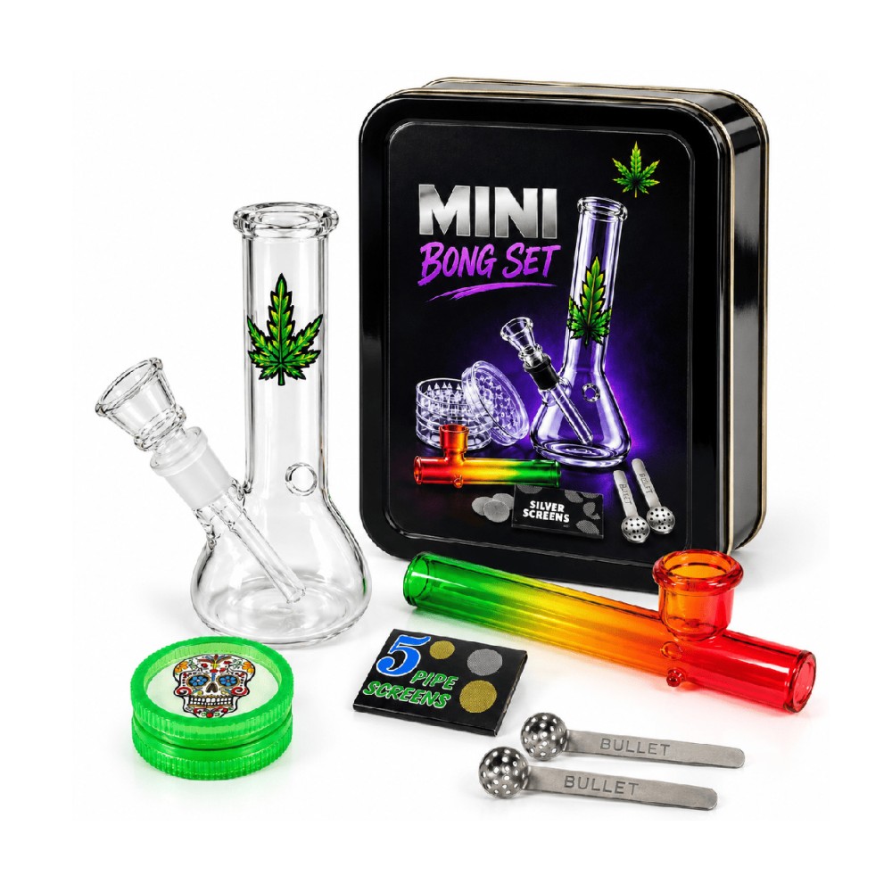 Mini Bong Set ,(Bong Farbig  14cm.+Kawum+Grinder+Siebe) in Metal Box