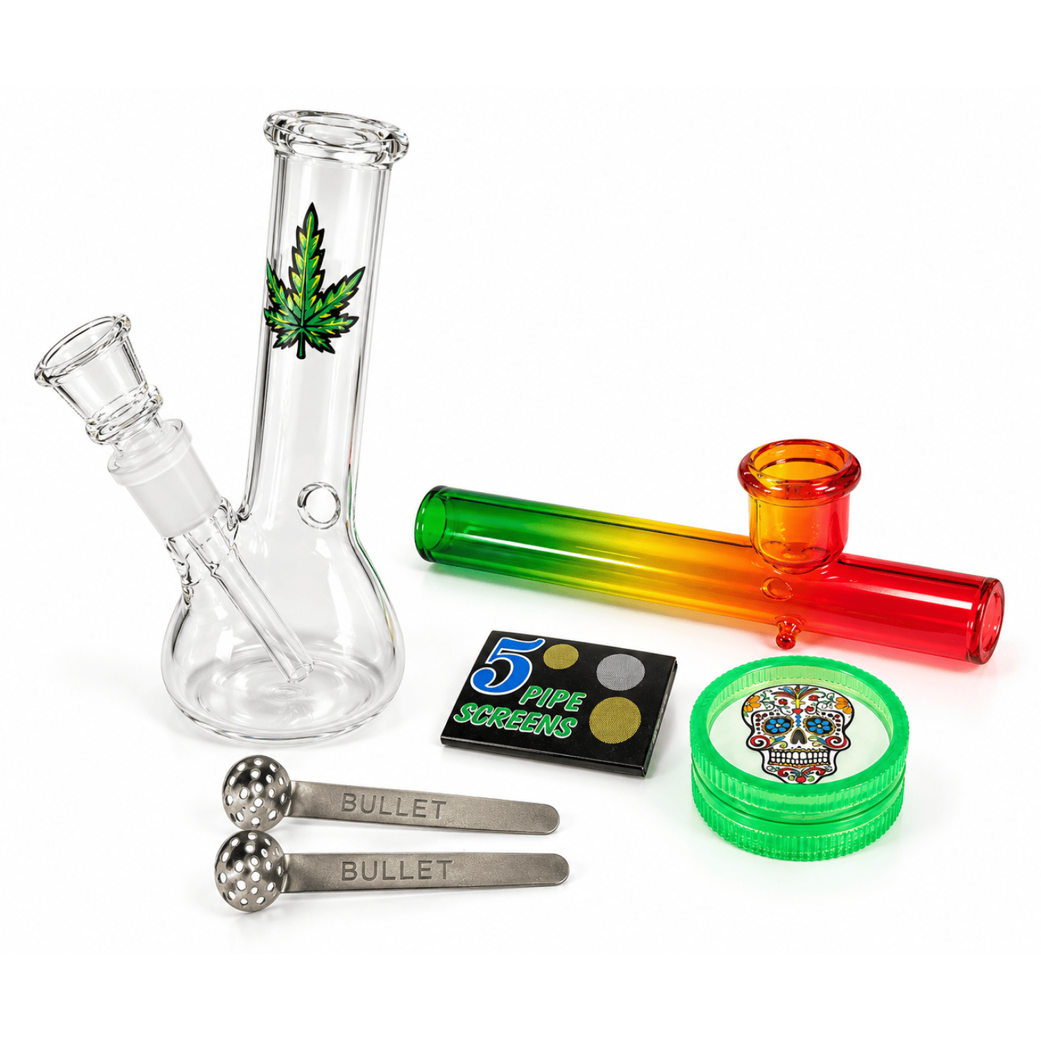 Mini Bong Set ,(Bong Farbig  14cm.+Kawum+Grinder+Siebe) in Metal Box