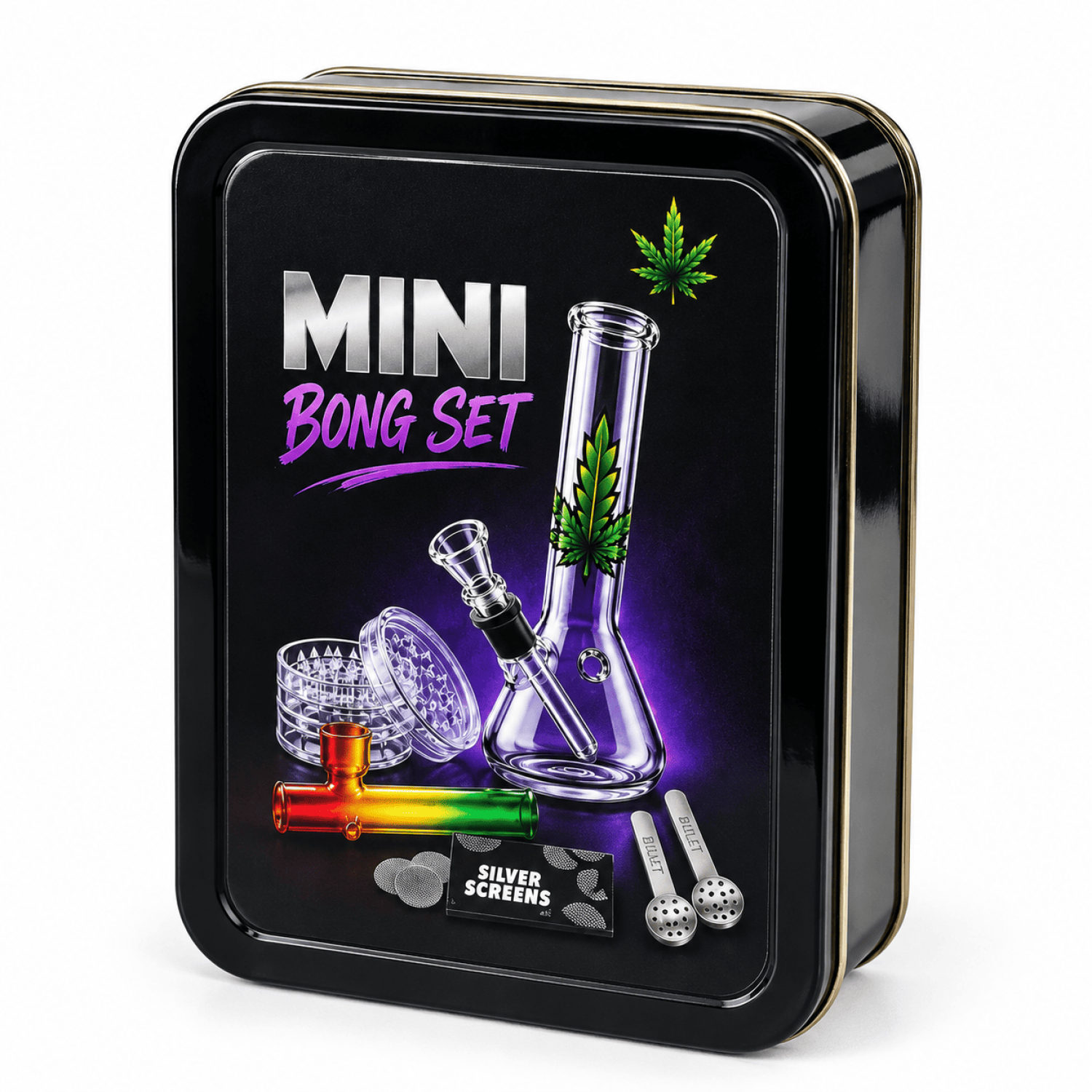 Mini Bong Set ,(Bong Farbig  14cm.+Kawum+Grinder+Siebe) in Metal Box