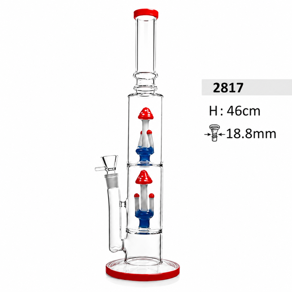 Schwere Glasbong mit doppel Mushroom Rot/Blau Perkolator und Eis | Höhe: 46 cm, Schliff: 18,8mm