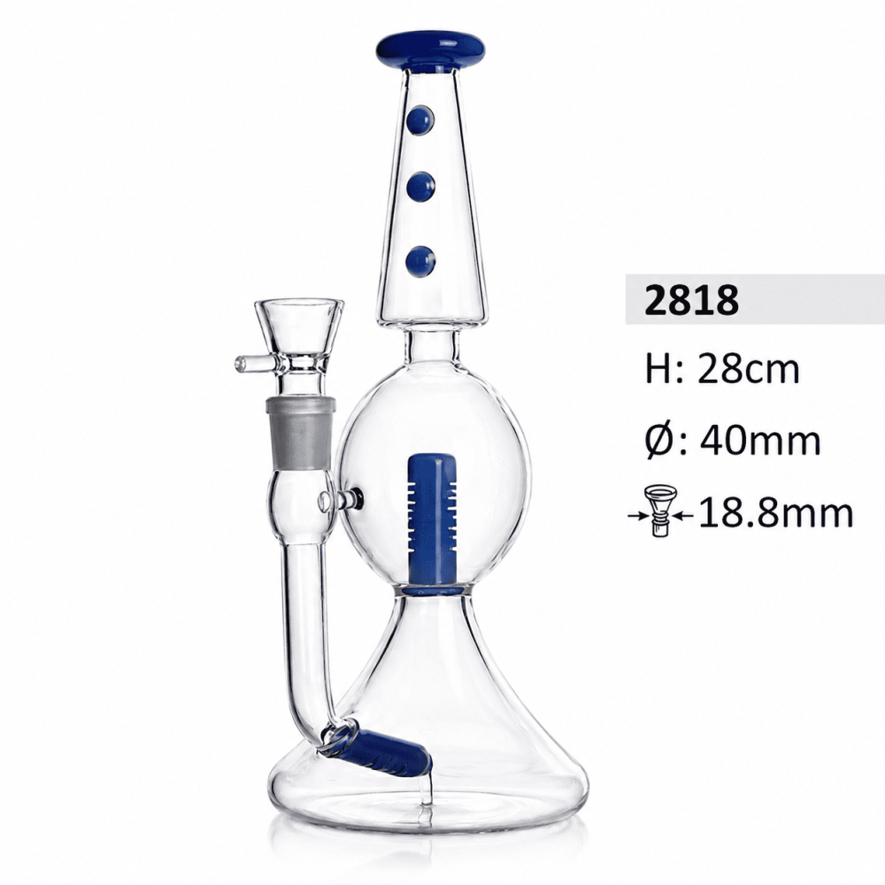 Glasbong mit 2 blau Perkolator, 2 Bowls und Extra Glaskopf | Höhe: 28 cm, Ø: 40 mm, Schliff: 18,8 mm