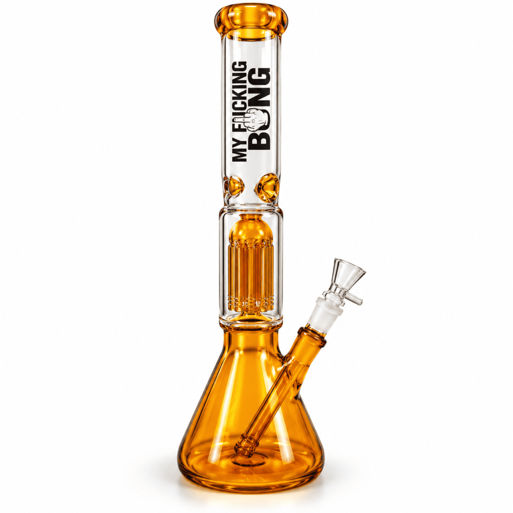 Glas Bong mit Bauch Amber/transparent 8arm Pelculater mit Steck Chillum.+Eis