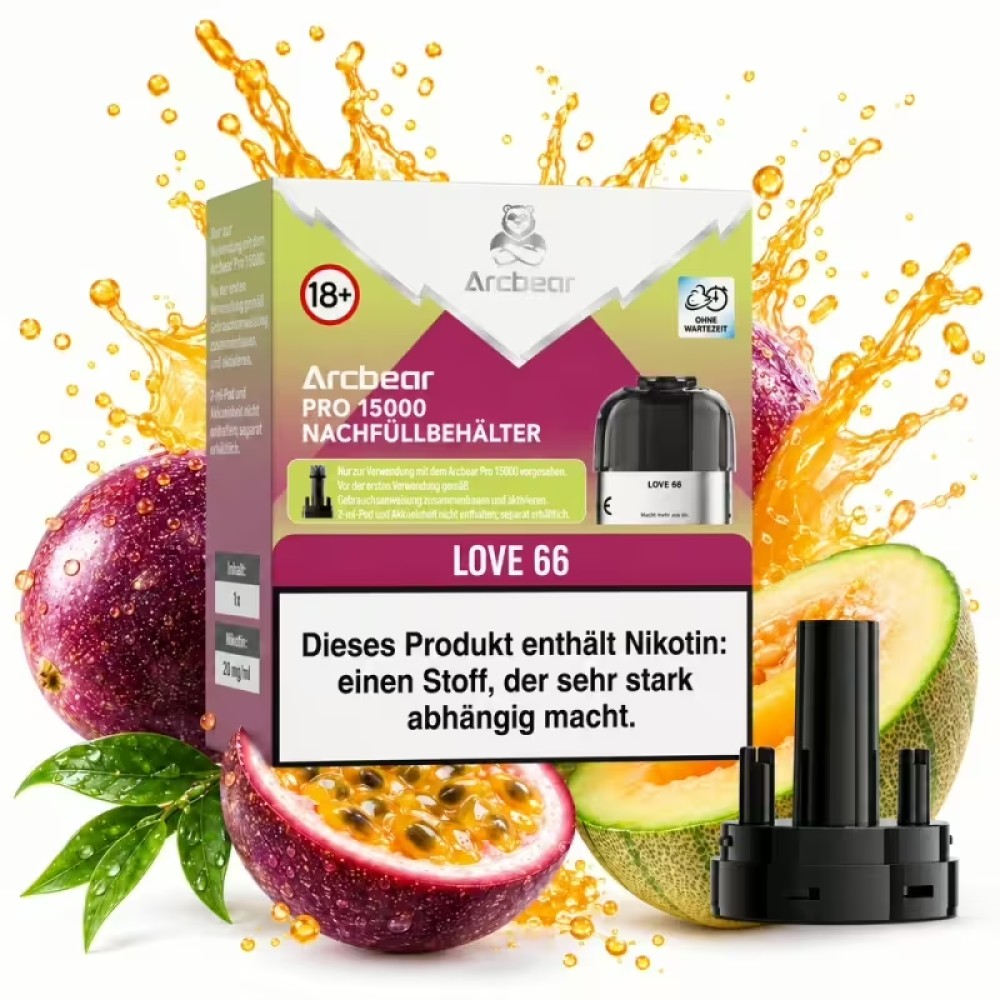 Arcbear Pro15000 Nachfüllbehälter + Leerer Pod Love 66 mit Steuermarke