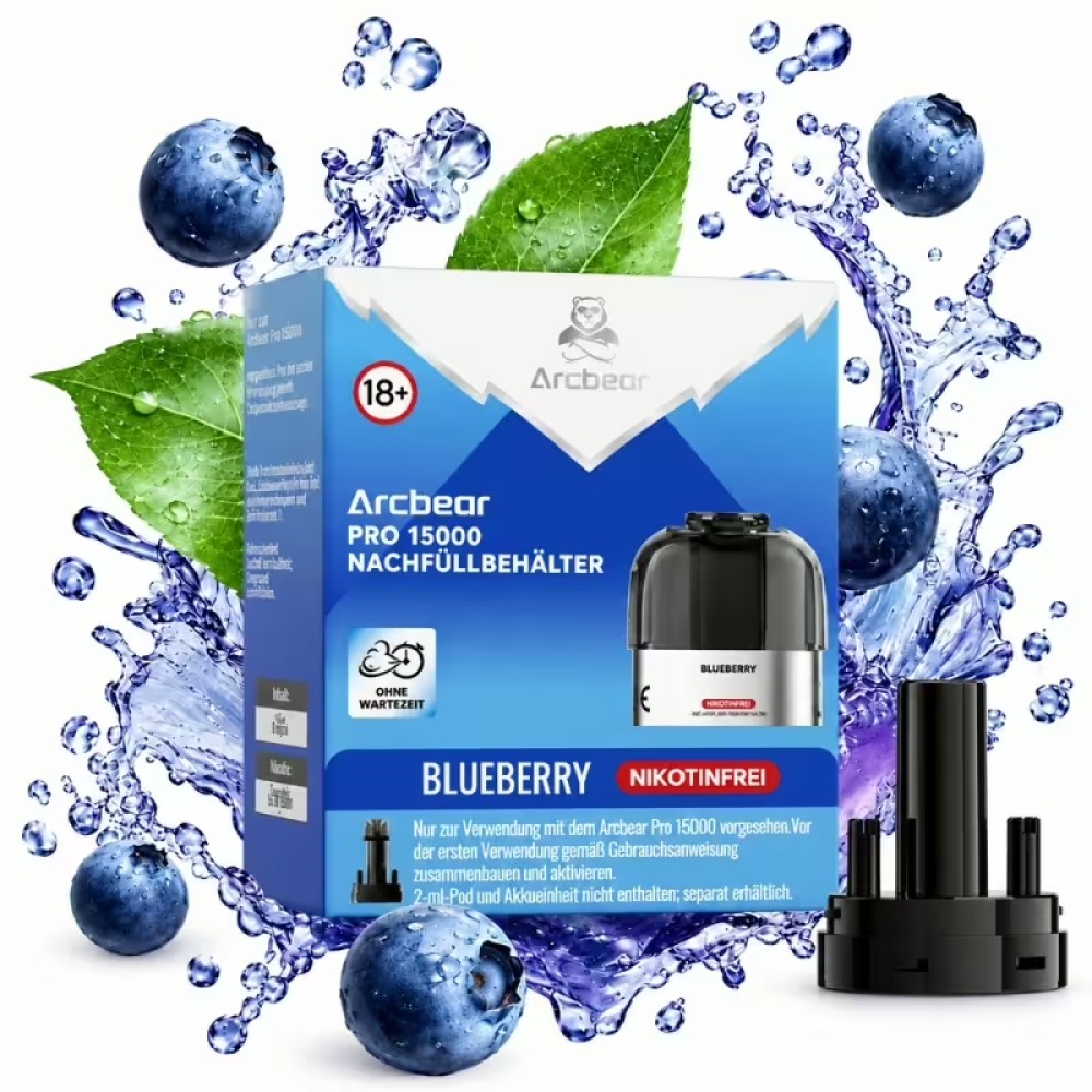 Arcbear Pro15000 Zero Nikotine Nachfüllbehälter + Leerer Pod  Blueberry mit Steuermarke
