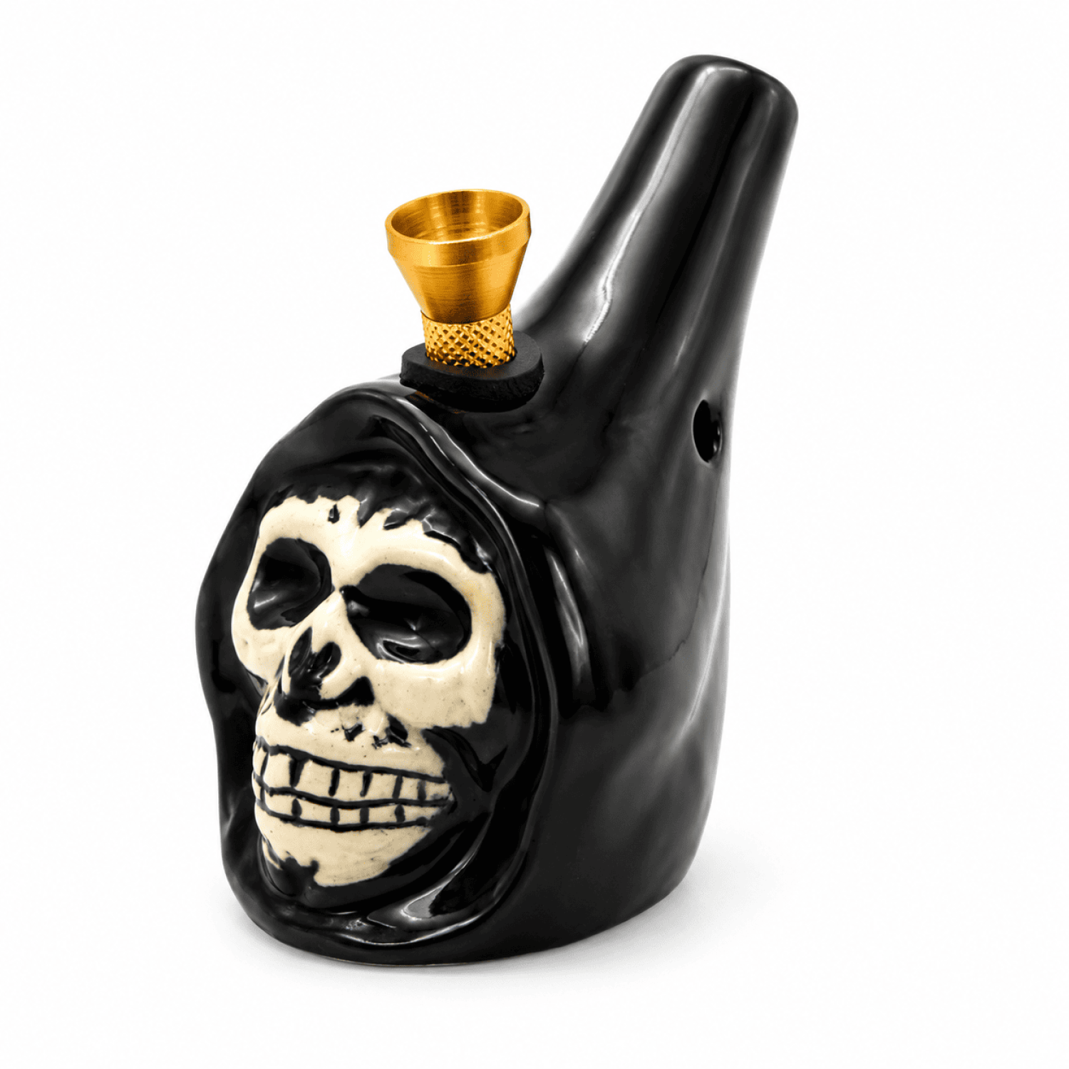 Keramik Bong Skull Form Schwarz / Weiß mit Holz-Kopf, Ø ca. 70 mm, ca. 10 cm hoch