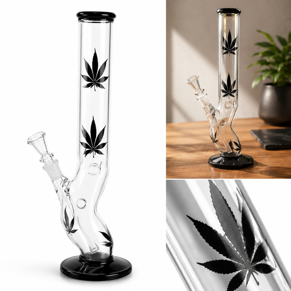 Bullet Glasbong | Schwarzes Blätter-Design | H: 42 cm Ø: 50 mm Sockel: 18,8 mm