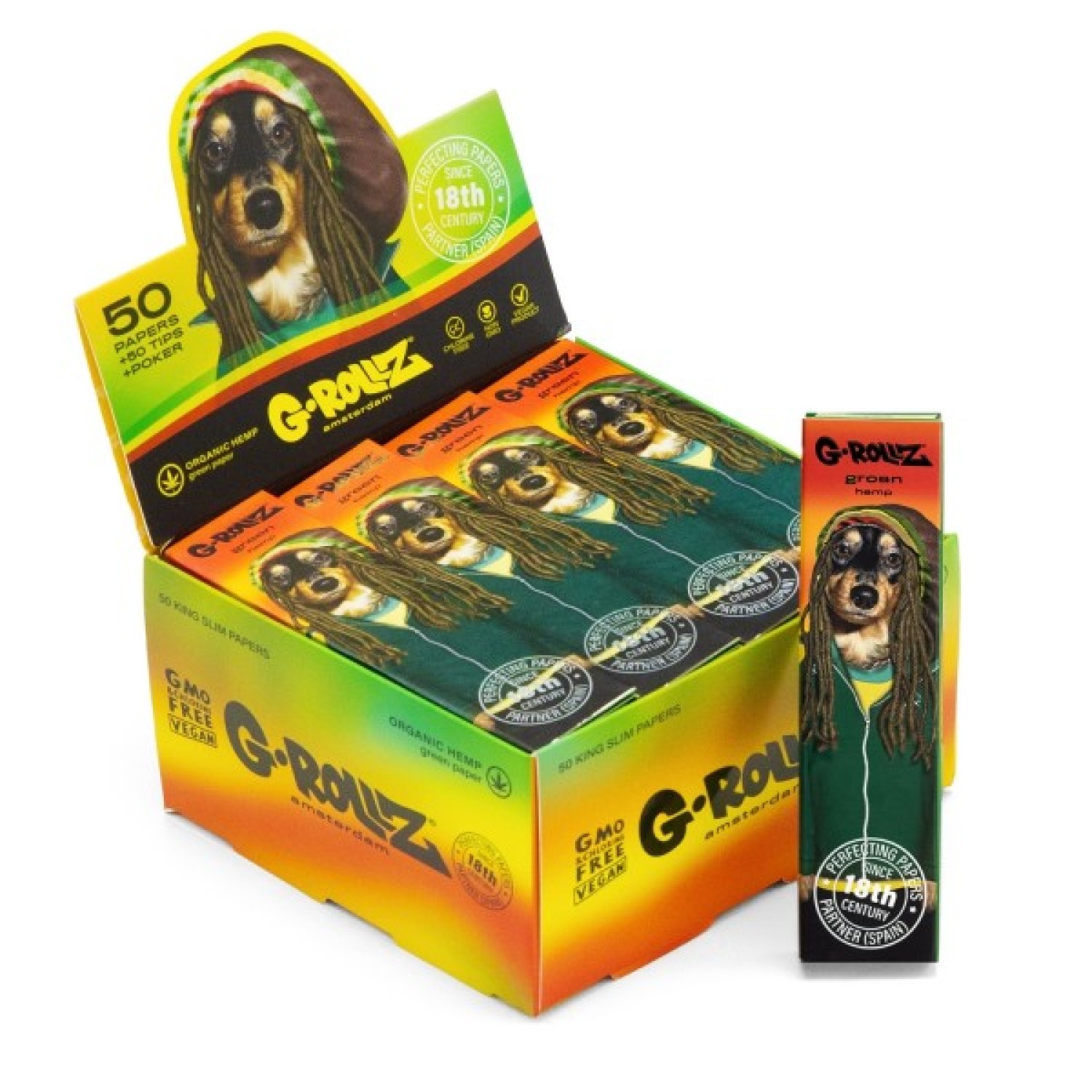 G-Rollz | 'Reggae' 50 King-Size Green Papers + Tips (Display mit 20 Heftchen)