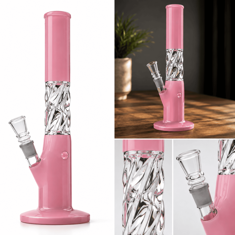 Glasbong mit gedrehtem Rohr und Eis | H: 38cm, Rohr: 50mm, Schliff: 18,8mm